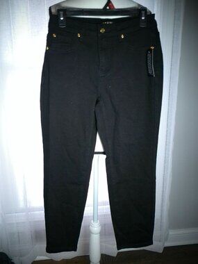 IMAN NWT Button-Up Zip Stretch Black Skinny Capri Jeans w/Gold Button Accents 8P